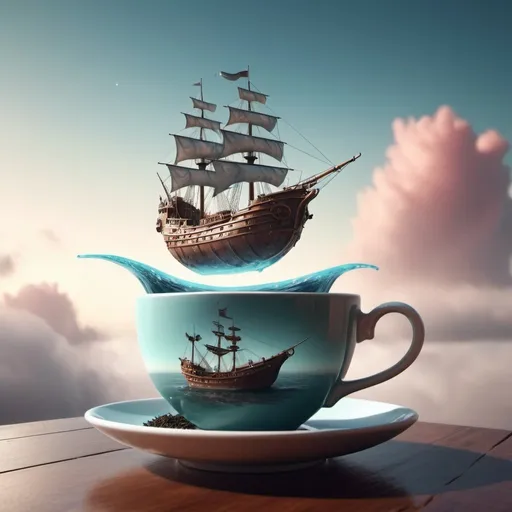 Prompt: Fantasy ship in a cup of tea. Surrealism. 8K, UHD, Photorealistic. 