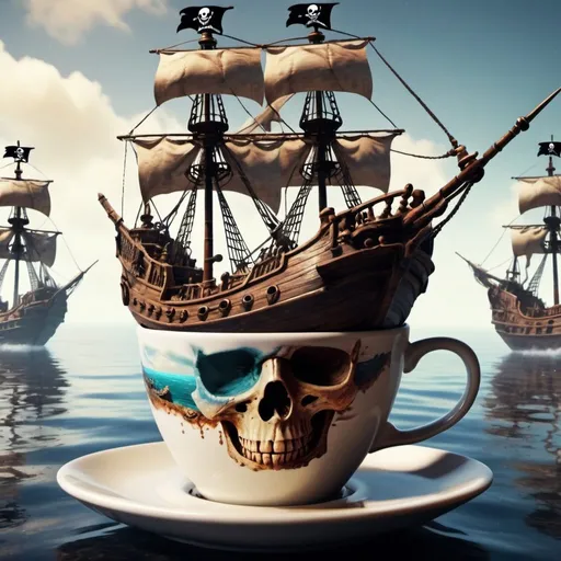 Prompt: Pirate ships battle in cup of coffee. UHD. Super detailed. Surrealism.