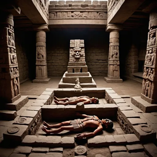 Prompt: Human sacrifice in Aztec temple. 
