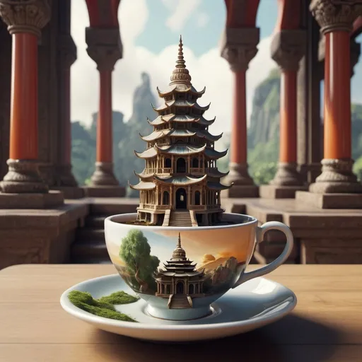 Prompt: Exotic temple in a cup of tea. Surrealism. 8K, UHD, Photorealistic. 
