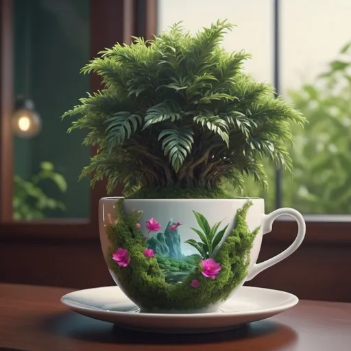 Prompt: Exotic fantasy bush in a cup of tea. Surrealism. 8K, UHD, Photorealistic. 