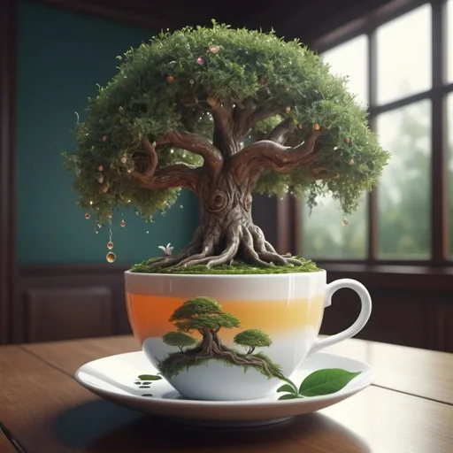 Prompt: Exotic fantasy tree in a cup of tea. Surrealism. 8K, UHD, Photorealistic. 