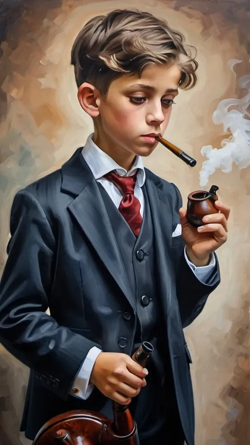 Prompt: Young boy in suit smoking pipe. Oil Painting.