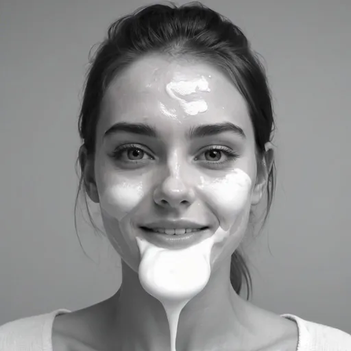 Prompt: Pretty young woman with milk on face. Black and white. UHD 4K. Hyper detailed. 