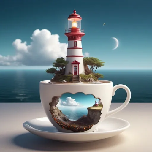 Prompt: Exotic fantasy lighthouse in a cup of tea. Surrealism. 8K, UHD, Photorealistic. 