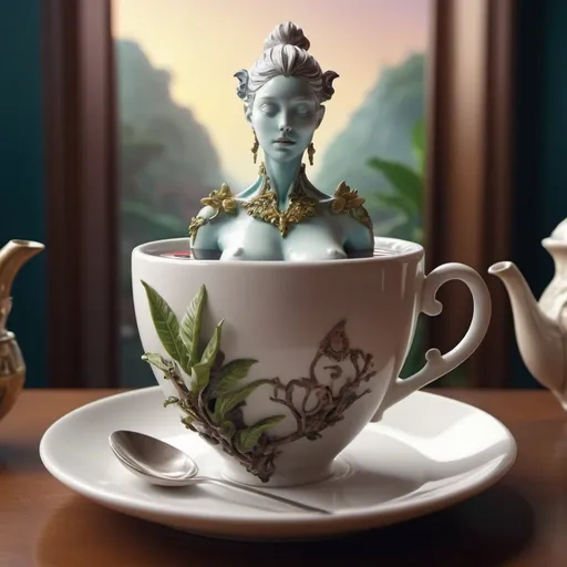 Prompt: Exotic fantasy statue in a cup of tea. Surrealism. 8K, UHD, Photorealistic. 
