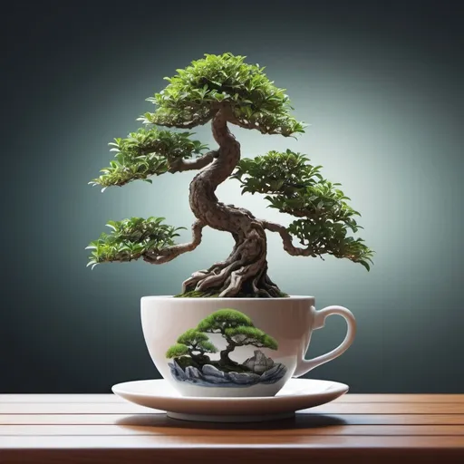 Prompt: Bonsai tree in a cup of tea. Surrealism. 8K, UHD, Photorealistic. 