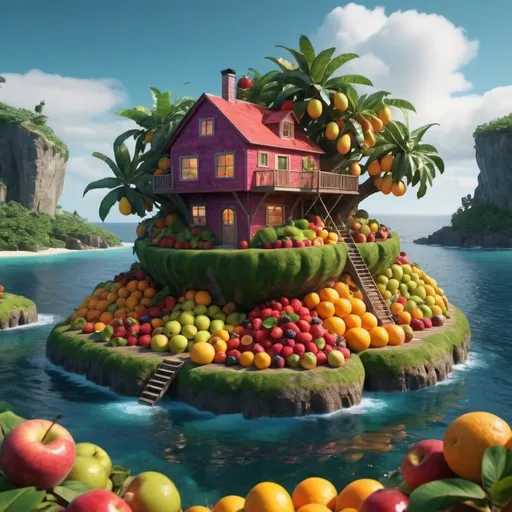 Prompt: 8K super detailed. Fruit house on island. Surreal.  