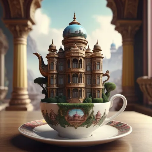 Prompt: Exotic palace in a cup of tea. Surrealism. 8K, UHD, Photorealistic. 