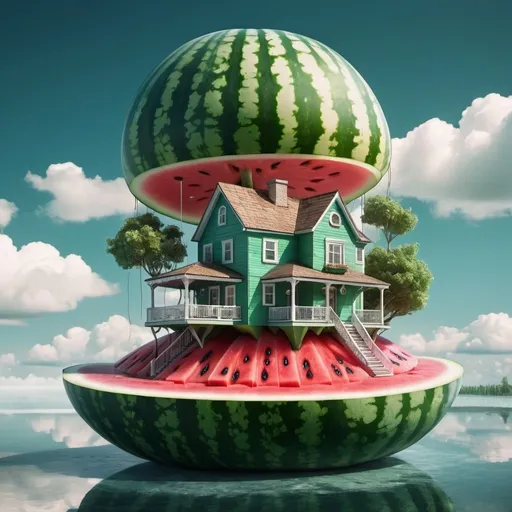 Prompt: Watermelon house on floating sky island. Surreal. Detailed features