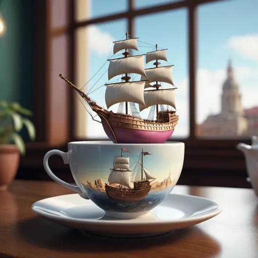 Prompt: Exotic ship in a cup of tea. Surrealism. 8K, UHD, Photorealistic. 