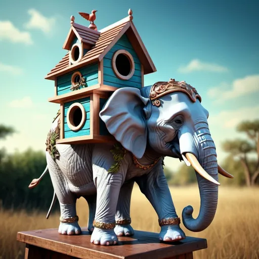 Prompt: Surreal fantasy bird house on back of Elephant. 8K. HDR. Hyper detailed. Surrealism. Soft lighting.