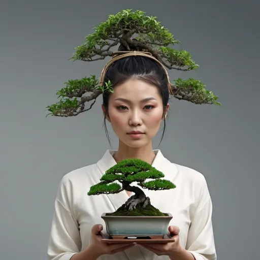 Prompt: Japanese woman with bonsai tree growing from her head. UHD. Photorealistic