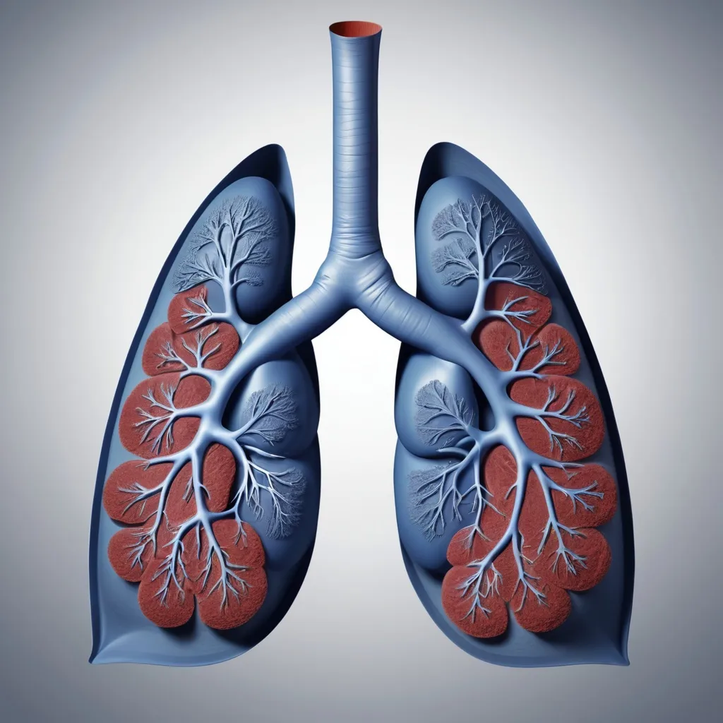 Prompt: I need a picture of a lung and I want to divide the lung into right lung and left lung but stick together. I want to show inflammation in the left lung. you can use the image I uploaded as the inflammation in the airways and lung. But I want to show no inflammation in the right lung The image should not have any text or arrows.