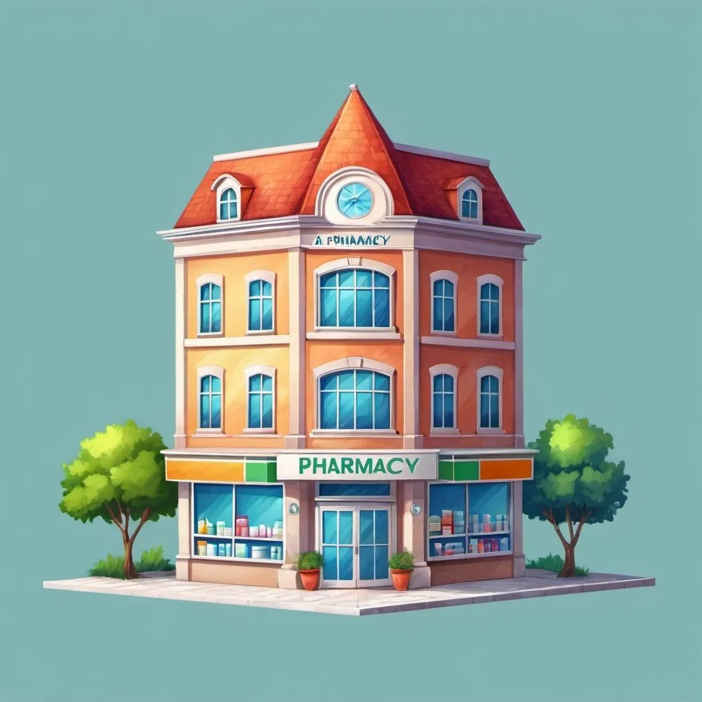 Prompt: a pharmacy building. suitable to use in a web. colorful illustration. transparent background.