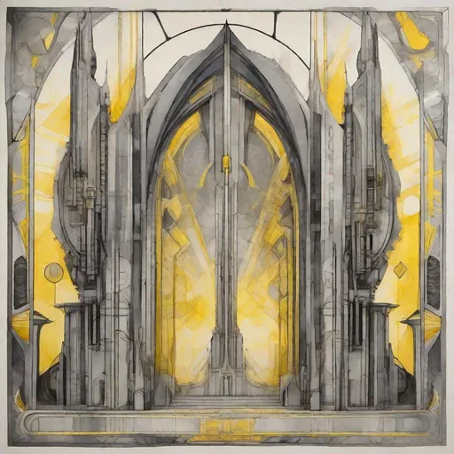 Prompt: futuristic spaceport with towers  in shades of gray and yellow, ink and wash  on paper,Create a decorative frame that blends Art Deco and Gothic styles. The frame should feature geometric patterns and pointed arch motifs characteristic of Gothic design, combined with the symmetrical and luxurious elements of Art Deco. Use materials that appear to be metal, stone, or wood, with intricate carvings and lavish details. The color palette should include black, gold, silver, and deep red tones. Incorporate Gothic stained glass motifs and Art Deco flowing lines to create an elegant and ornate design.
