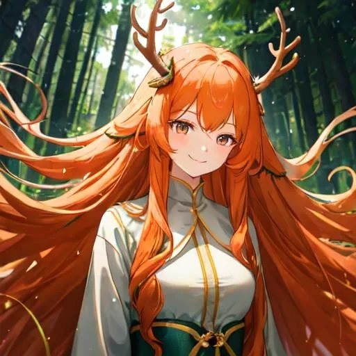 Prompt: A smiling foreste spirit with extremely long and dense curly orange hair. She in a dense pine tree forest. She is facing away from the camera. She have antler on his head.