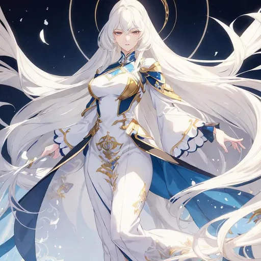 Prompt: Anime-style illustration of a tall woman,  his hair is long and white-blond, full body, detailed eyes in dark bleu, flowing hair, elegant posture, highres, anime, detailed hair, soft pastel tones, graceful, professional, ultra detailed face, very detailed clothing, best quality