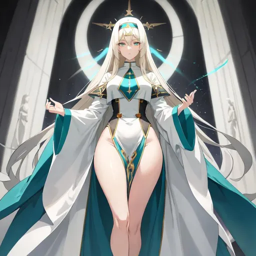 Prompt: Anime-style illustration of a tall woman,  her hair is long and white in shades of blond, full body, detailed eyes, those eyes are dark blue, flowing hair, these thighs are thick and visible, they wear tight nun's clothing in turquoise and black,  elegant posture, highres, anime, detailed hair, she stand in the churche of the holy light, calm and smile face, soft pastel tones, graceful, professional, ultra detailed face, very detailed clothing, best quality