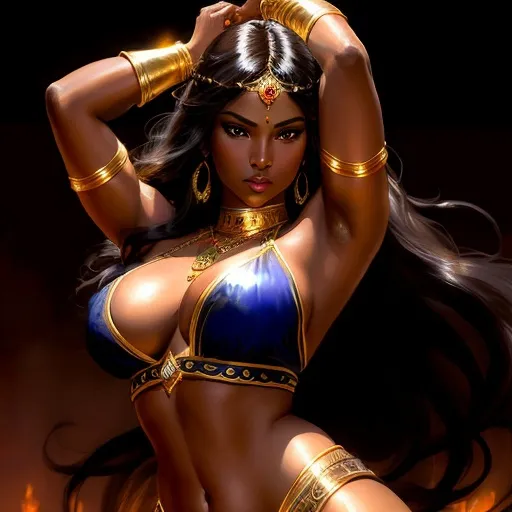 Prompt: Black skin ancient belly dancer, action pose, curvy, long flowing hair, dark skin, highly detailed face and eyes, frank frazetta style art, ancient tavern, gold jewelry, best quality, low angle, detailed hair, intense gaze, vibrant colors, atmospheric lighting