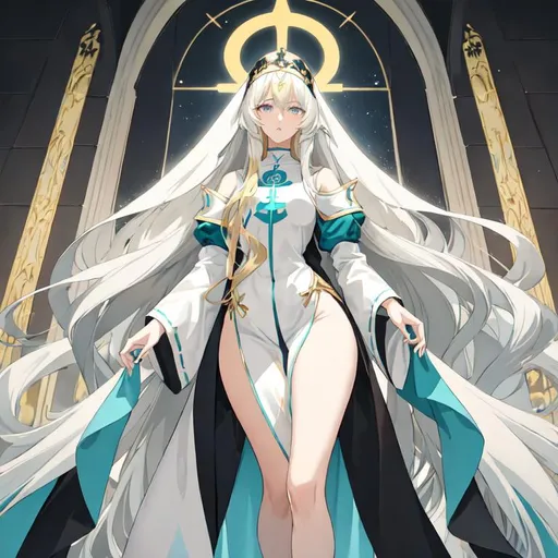 Prompt: Anime-style illustration of a tall woman,  her hair is long and white in shades of blond, full body, detailed eyes in dark bleu, flowing hair, thick thighs, they wear tight nun's clothing in turquoise and black,  elegant posture, highres, anime, detailed hair, she is in the churche of the holy light, soft pastel tones, graceful, professional, ultra detailed face, very detailed clothing, best quality