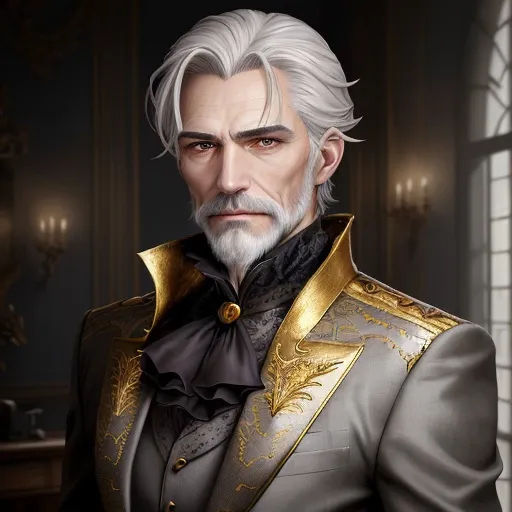 Prompt: A portrait image of 'Olivier'. Olivier is a half-vampire with short withe hair, grey skin color, its expression is neutral, Olivier is handsome and has a few wrinkles on his face, these eyes are ultra-detailed and shiny gold in color, he wears a grey beard, very detailed clothing, best quality