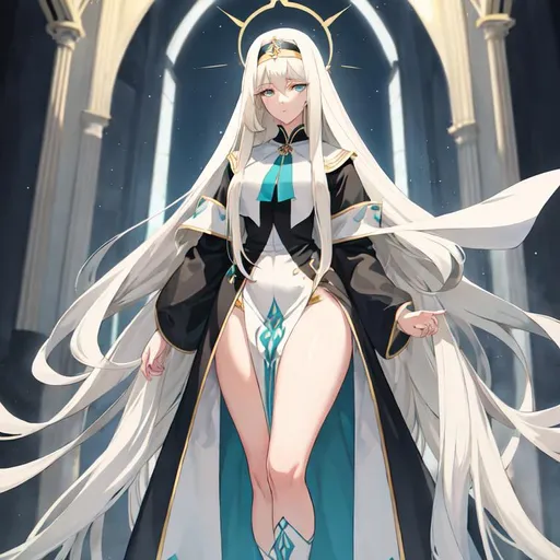 Prompt: Anime-style illustration of a tall woman,  her hair is long and white in shades of blond, full body, detailed eyes, those eyes are dark blue, flowing hair, these thighs are thick and visible, they wear tight nun's clothing in turquoise and black,  elegant posture, highres, anime, detailed hair, she stand in the churche of the holy light, calm and soothing face, soft pastel tones, graceful, professional, ultra detailed face, very detailed clothing, best quality