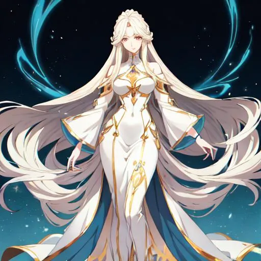 Prompt: Anime-style illustration of a tall woman,  his hair is long and white-blond, full body, detailed eyes in dark bleu, flowing hair, elegant posture, highres, anime, detailed hair, soft pastel tones, graceful, professional, ultra detailed face