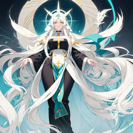 Prompt: Anime-style illustration of a tall woman,  her hair is long and white in shades of blond, full body, detailed eyes, those eyes are dark blue, flowing hair, thick thighs, they wear tight nun's clothing in turquoise and black,  elegant posture, highres, anime, detailed hair, she is in the churche of the holy light, soft pastel tones, graceful, professional, ultra detailed face, very detailed clothing, best quality