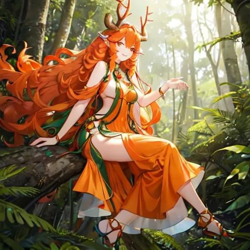 Prompt: A smiling dryad with very long and dense curly orange hair. She in a dense pine tree forest. She is facing away from the camera. She have antler on his head.