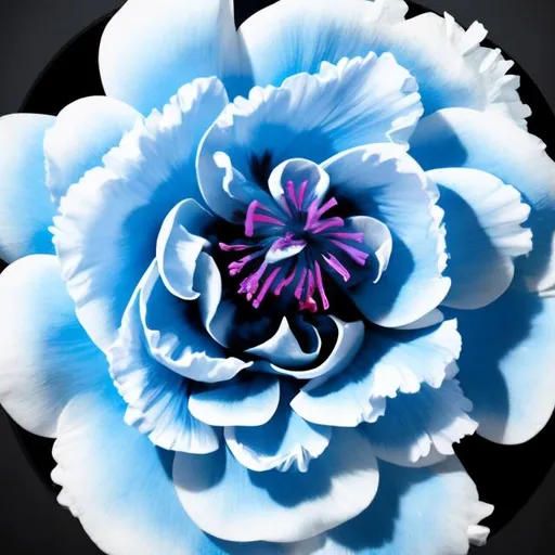 Prompt: a stylized symbol , A blue carnation flower,  background in black