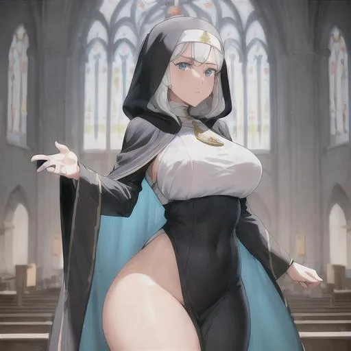 Prompt: one tall woman,white hair, thick thighs, blue eyes, wearing a nun dress with hood, visible hip ,standing in a church,raises his arms to welcome us, anime character, detailed, vibrant, anime face, sharp focus, character design, wlop, artgerm, kuvshinov, character design, unreal engine
Missing limbs,extra limbs,misshapen eyes,distorted eyes,discolored eyes,ultra-detailed face