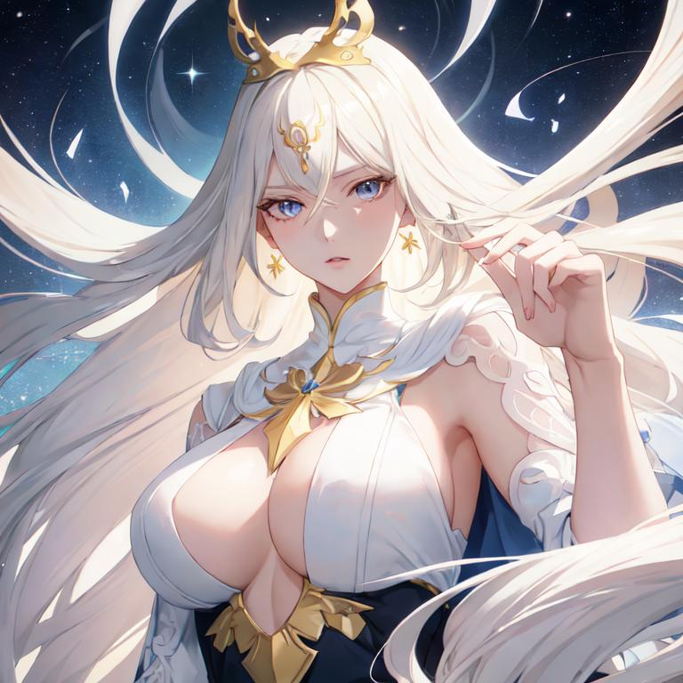 Prompt: Anime-style illustration of a tall woman,  his hair is long and white-blond, full body, detailed eyes in dark bleu, flowing hair, elegant posture, highres, anime, detailed hair, soft pastel tones, graceful, professional, ultra detailed face, very detailed clothing, best quality