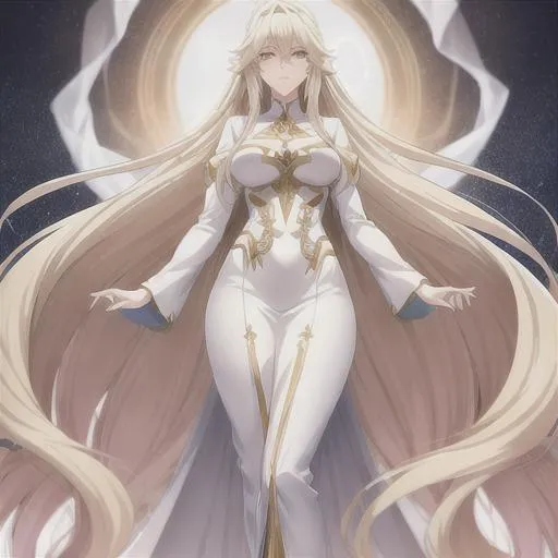 Prompt: Anime-style illustration of a tall woman with long, white hair and blonde streaks, full body, detailed eyes, flowing hair, elegant posture, ethereal aura, highres, anime, detailed hair, soft pastel tones, graceful, professional