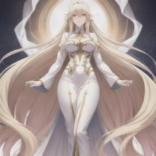 Prompt: Anime-style illustration of a tall woman with long, white hair and blonde streaks, full body, detailed eyes, flowing hair, elegant posture, ethereal aura, highres, anime, detailed hair, soft pastel tones, graceful, professional