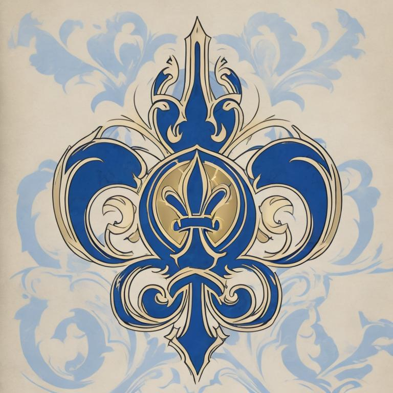 Prompt: A tattoo-style design of  the fleur-de-lis symbol colored in royale bleu and gold.