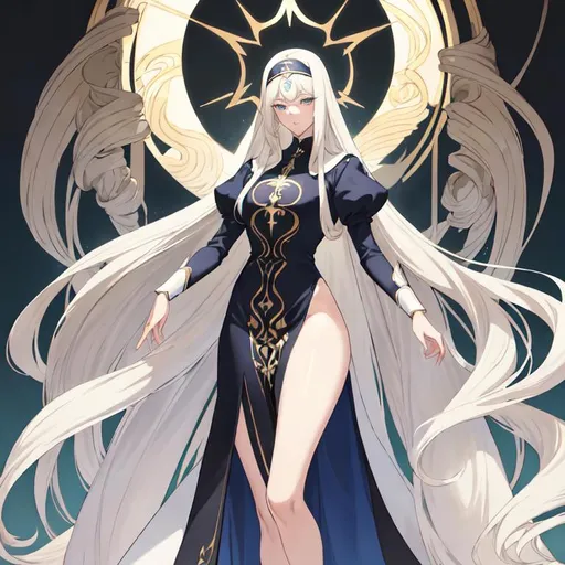 Prompt: Anime-style illustration of a tall woman,  his hair is long and white-blond, full body, detailed eyes in dark bleu, flowing hair, thick thighs, they wear tight nun's clothing in blue and black ,  elegant posture, highres, anime, detailed hair, soft pastel tones, graceful, professional, ultra detailed face, very detailed clothing, best quality