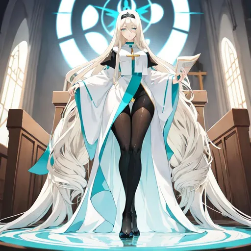 Prompt: Anime-style illustration of a tall woman,  her hair is long and white in shades of blond, full body, visible hip, detailed eyes, those eyes are dark blue, flowing hair, thick thighs, they wear tight nun's clothing in turquoise and black,  elegant posture, highres, anime, detailed hair, she is in the churche of the holy light, soft pastel tones, graceful, professional, ultra detailed face, very detailed clothing, best quality