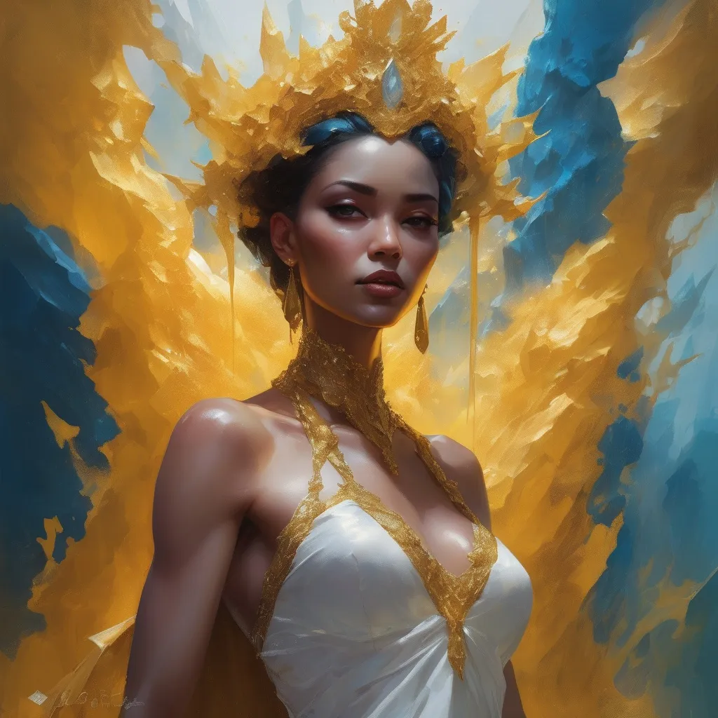 Prompt: queen made of yelow crystal geode, sheer white cloth falling down around her made of bleu geode, by artgerm, alessio albi, fabian perez, pino daeni, karol bak, cushart, wlop, craig mullins, peter mohrbacher, daniel f gerhartz, malcolm liepke