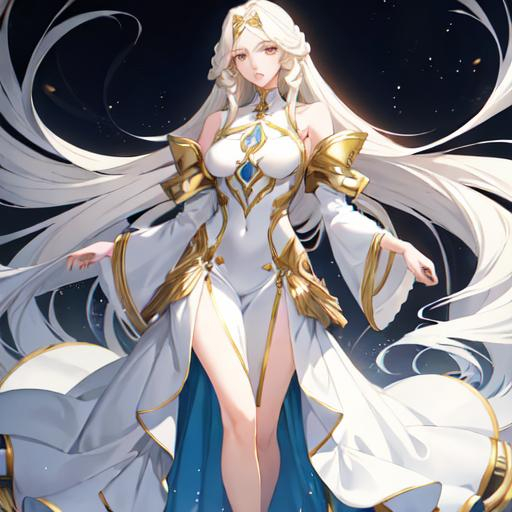 Prompt: Anime-style illustration of a tall woman,  his hair is long and white-blond, full body, detailed eyes in dark bleu, flowing hair, elegant posture, highres, anime, detailed hair, soft pastel tones, graceful, professional, ultra detailed face, very detailed clothing, best quality