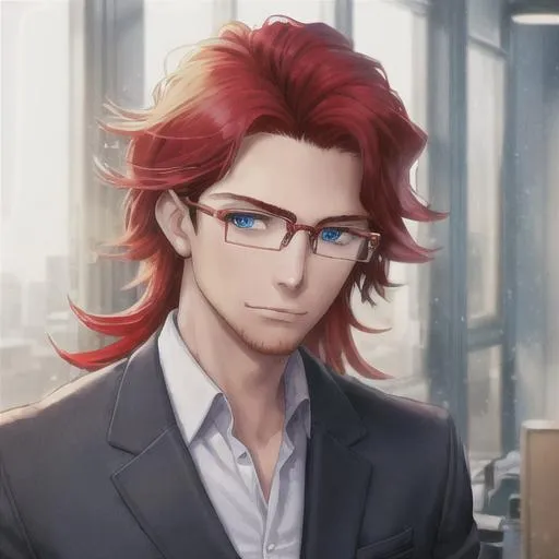 Prompt: High-quality portrait of a young man working in an office, blue eyes, medium-long red hair, glasses, wearing brown office clothes, shy expression, detailed facial features, professional setting, manga style, warm lighting, business attire