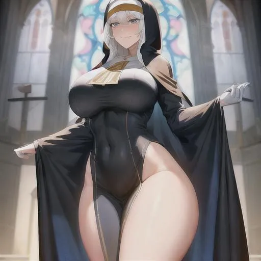 Prompt: one tall woman,white hair, thick thighs, blue eyes, wearing a nun dress with golde hood, visible hip ,standing in a church, smile in the face, anime character, detailed, vibrant, sharp focus, character design, wlop, artgerm, kuvshinov, character design, unreal engine