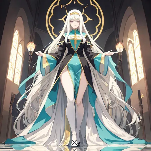 Prompt: Anime-style illustration of a tall woman,  his hair is long and white-blond, full body, detailed eyes in dark bleu, flowing hair, thick thighs, they wear tight nun's clothing in turquoise and black,  elegant posture, highres, anime, detailed hair, she is in the churche of the holy light, soft pastel tones, graceful, professional, ultra detailed face, very detailed clothing, best quality