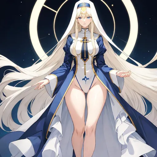 Prompt: Anime-style illustration of a tall woman,  his hair is long and white-blond, full body, detailed eyes in dark bleu, flowing hair, thick thighs, they wear tight-fitting nun's clothing in blue ,  elegant posture, highres, anime, detailed hair, soft pastel tones, graceful, professional, ultra detailed face, very detailed clothing, best quality