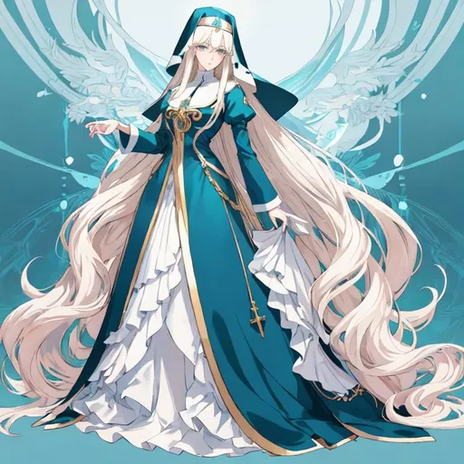 Prompt: Anime-style illustration of a tall woman,  his hair is long and white-blond, full body, detailed eyes in dark bleu, flowing hair, thick thighs, they wear tight nun's clothing in turquoise and black  ,  elegant posture, highres, anime, detailed hair, soft pastel tones, graceful, professional, ultra detailed face, very detailed clothing, best quality