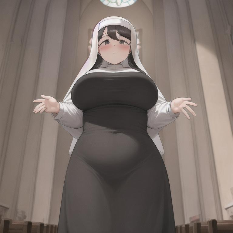 Prompt: chubby wooman in nun's clothing in a church.

