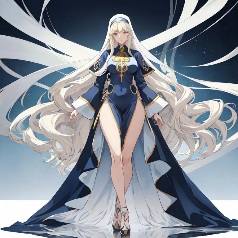 Prompt: Anime-style illustration of a tall woman,  his hair is long and white-blond, full body, detailed eyes in dark bleu, flowing hair, thick thighs, they wear tight-fitting nun's clothing in blue ,  elegant posture, highres, anime, detailed hair, soft pastel tones, graceful, professional, ultra detailed face, very detailed clothing, best quality