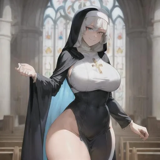 Prompt: one tall woman,white hair, thick thighs, blue eyes, wearing a nun dress with golde hood, visible hip ,standing in a church, smile in the face, anime character, detailed, vibrant, anime face, sharp focus, character design, wlop, artgerm, kuvshinov, character design, unreal engine
Missing limbs,extra limbs,misshapen eyes,distorted eyes,discolored eyes,ultra-detailed face