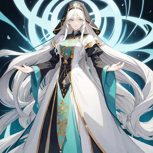 Prompt: Anime-style illustration of a tall woman,  his hair is long and white-blond, full body, detailed eyes in dark bleu, flowing hair, thick thighs, they wear tight nun's clothing in turquoise and black  ,  elegant posture, highres, anime, detailed hair, soft pastel tones, graceful, professional, ultra detailed face, very detailed clothing, best quality