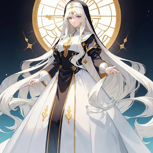 Prompt: Anime-style illustration of a tall woman,  his hair is long and white-blond, full body, detailed eyes in dark bleu, flowing hair,they wear nun's clothing,  elegant posture, highres, anime, detailed hair, soft pastel tones, graceful, professional, ultra detailed face, very detailed clothing, best quality